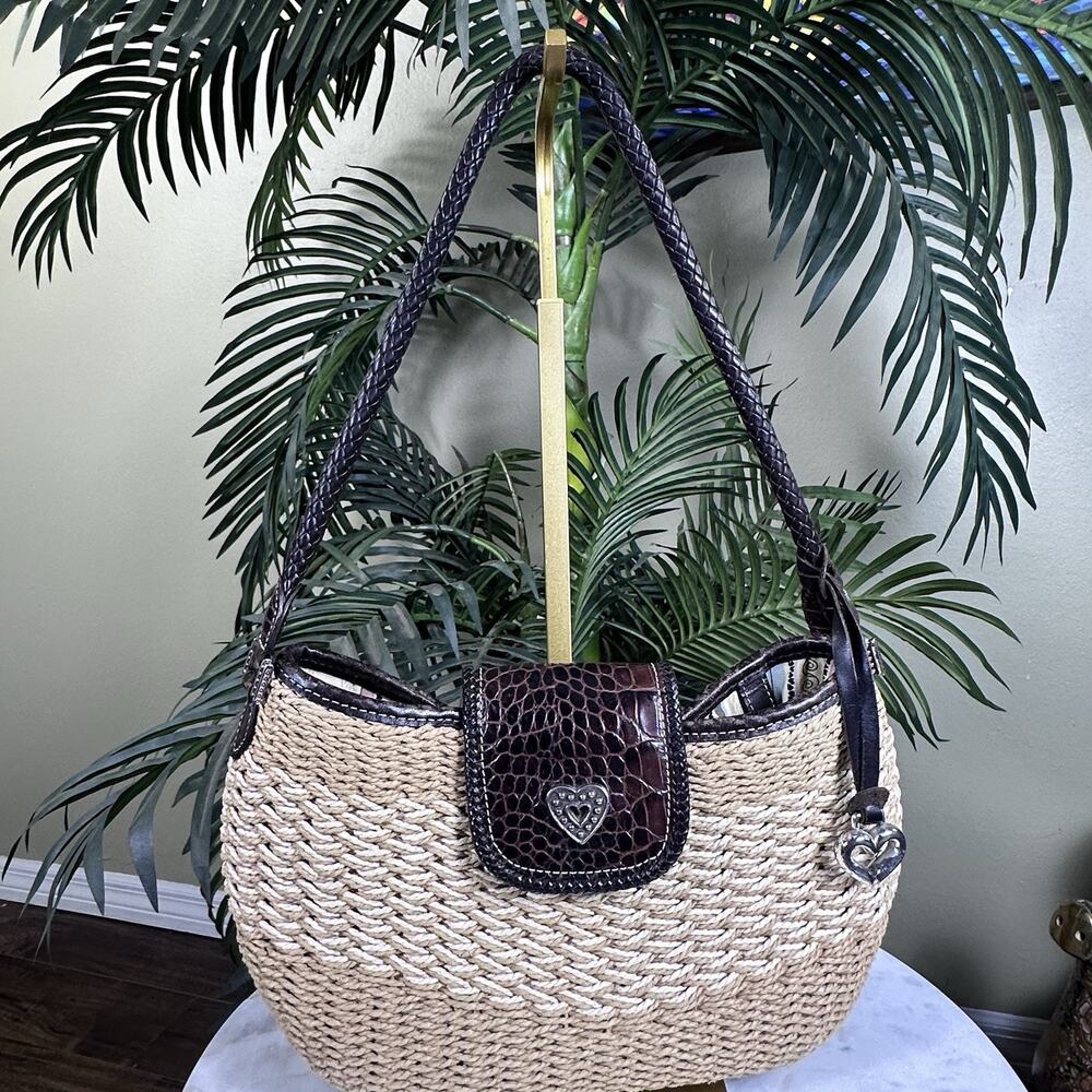 Brighton Raffia Shoulder satchel Braded handles Croc embossed with silver